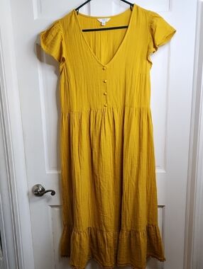 Time and Tru Mustard Yellow V-Neck Button Front Maxi Dress